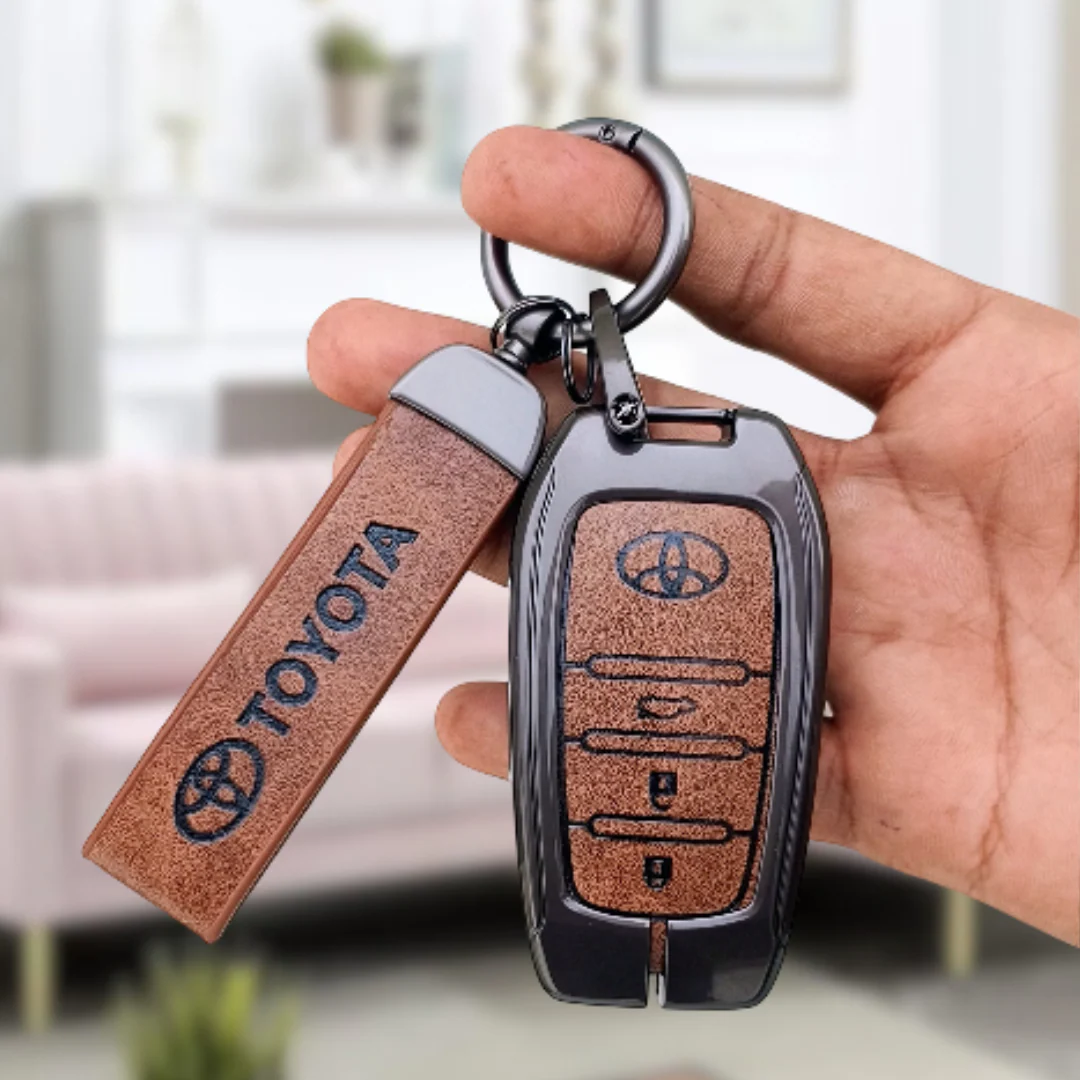 Metal Leather Car Key Cover For Toyota Fortuner, Hilux, Innova Crysta, Legender, Innova HyCross, Land Cruiser | 3 Button Type M1 Push Start Smart Key