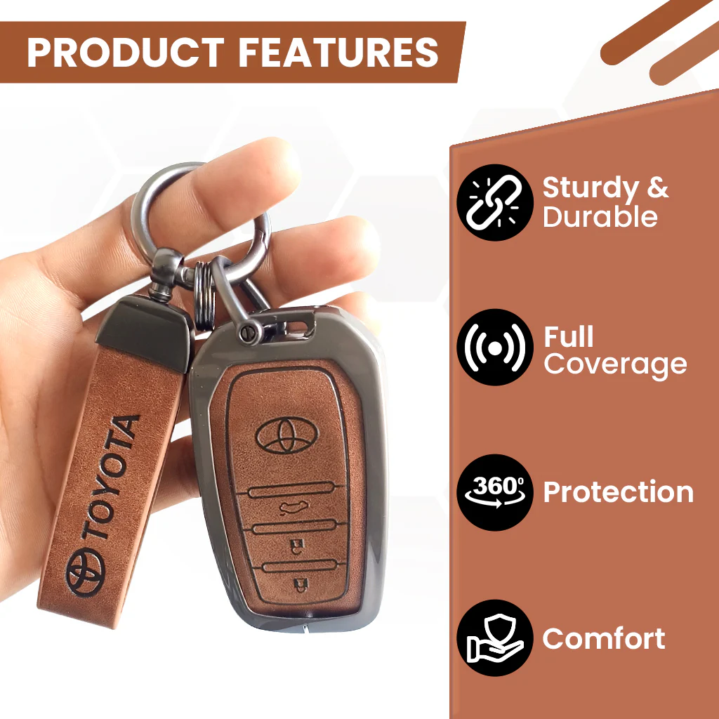 Metal Leather Car Key Cover For Toyota Fortuner, Hilux, Innova Crysta, Legender, Innova HyCross, Land Cruiser | 3 Button Type M1 Push Start Smart Key - Image 5