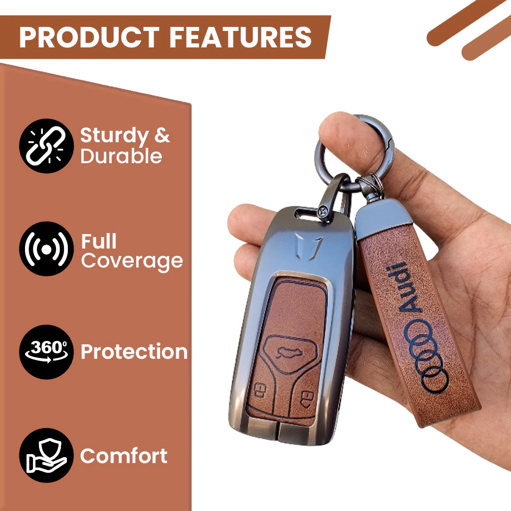 Metal Leather Key Cover For Audi Q5, A5, A8, Q7, A4, A6 3 button smart key - Image 4