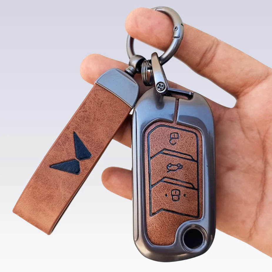 Metal Leather Key Cover For Mahindra Scorpio, XUV 300, Marazzo, XUV 700, 3XO, XUV 400 EV, Bolero, Thar, TUV 3 & Thar Roxx | 3 Button Flip Key