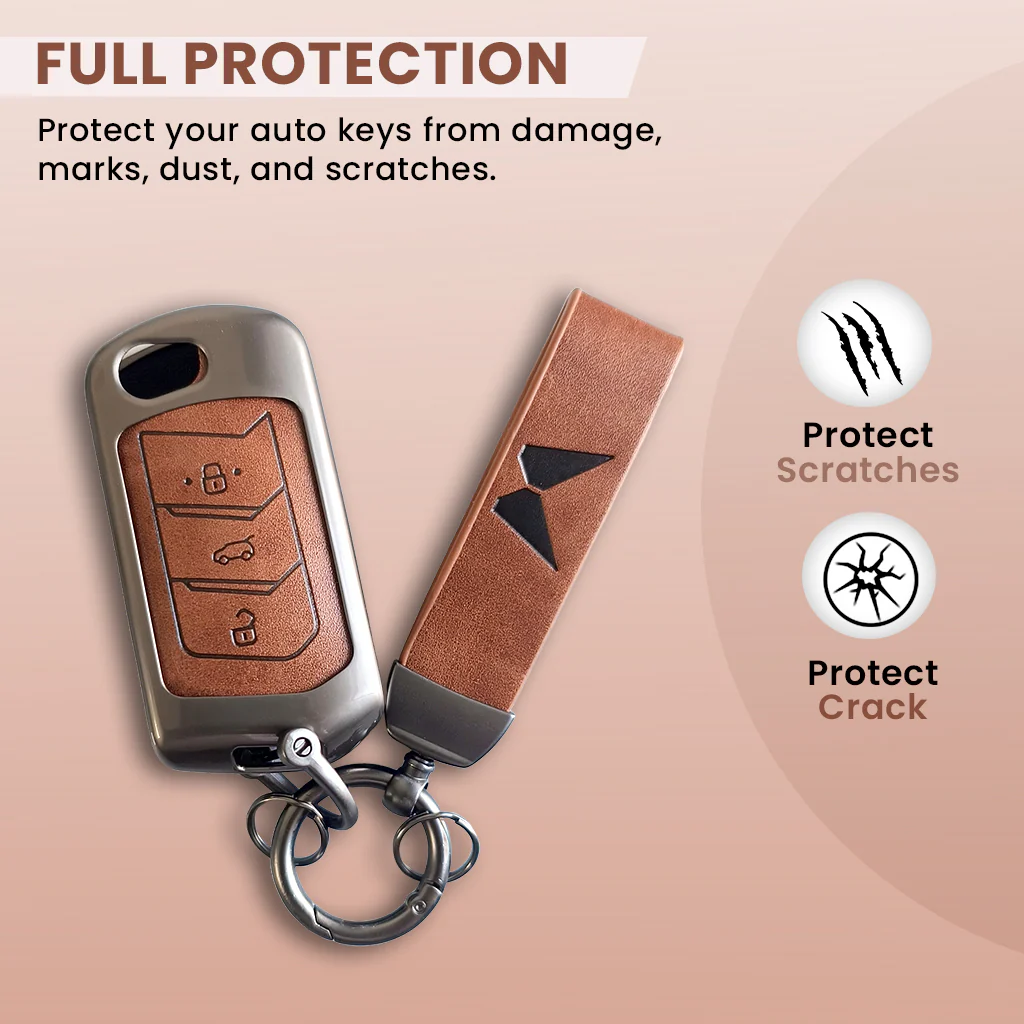 Metal Leather Key Cover For Mahindra Scorpio, XUV 300, Marazzo, XUV 700, 3XO, XUV 400 EV, Bolero, Thar, TUV 3 & Thar Roxx | 3 Button Flip Key - Image 3