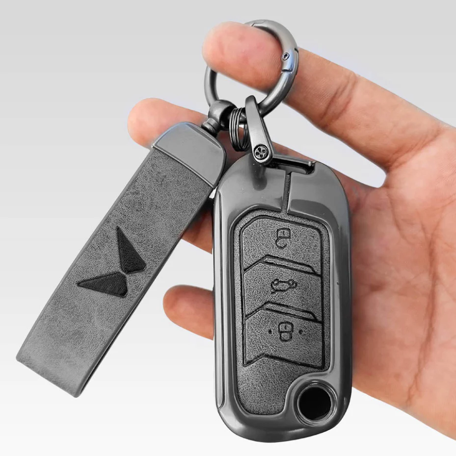 Metal Leather Key Cover For Mahindra Scorpio, XUV 300, Marazzo, XUV 700, 3XO, XUV 400 EV, Bolero, Thar, TUV 3 & Thar Roxx | 3 Button Flip Key