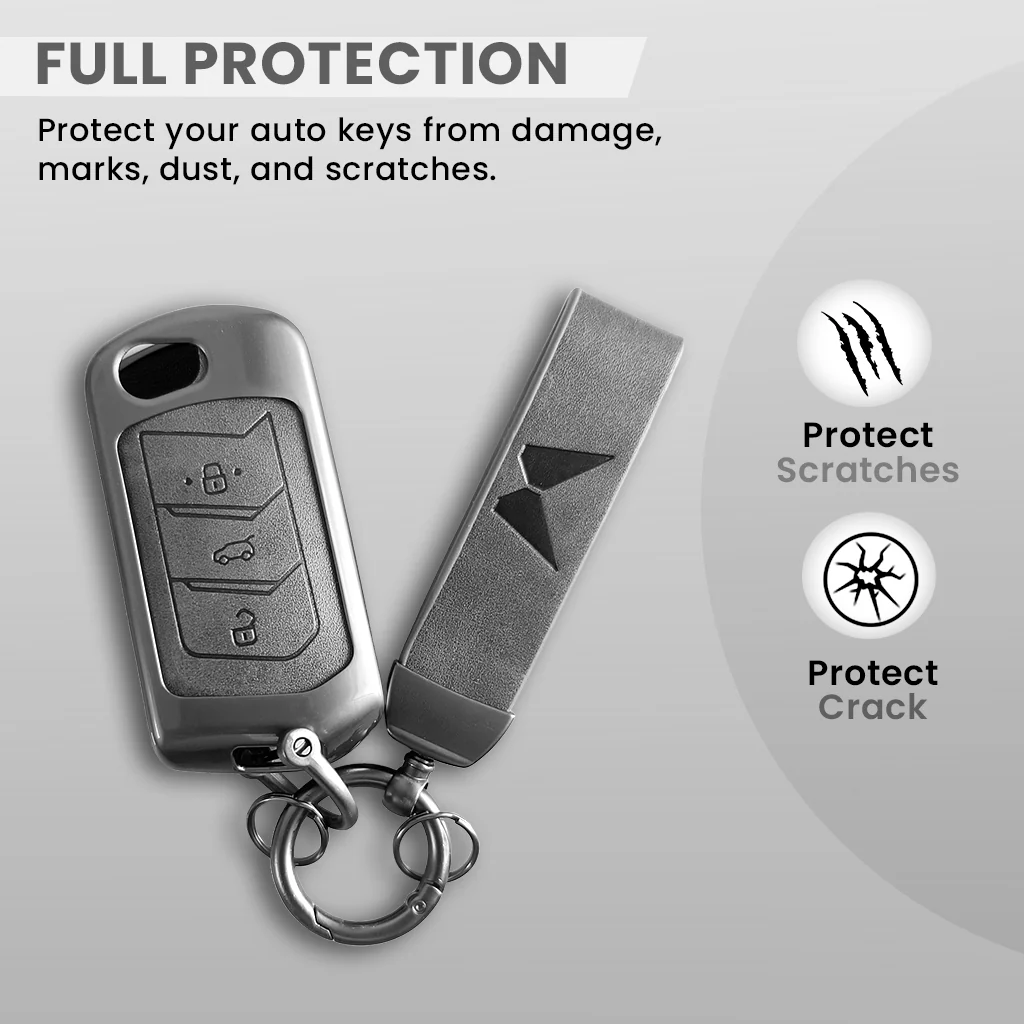 Metal Leather Key Cover For Mahindra Scorpio, XUV 300, Marazzo, XUV 700, 3XO, XUV 400 EV, Bolero, Thar, TUV 3 & Thar Roxx | 3 Button Flip Key - Image 3