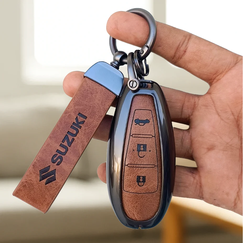 Metal Leather Key Cover for Suzuki Baleno, Ciaz, Vitara, Brezza, S Cross, Swift, Ignis, XL6, Fronx, Jimny, Grand Vitara | 3 Button Smart Key