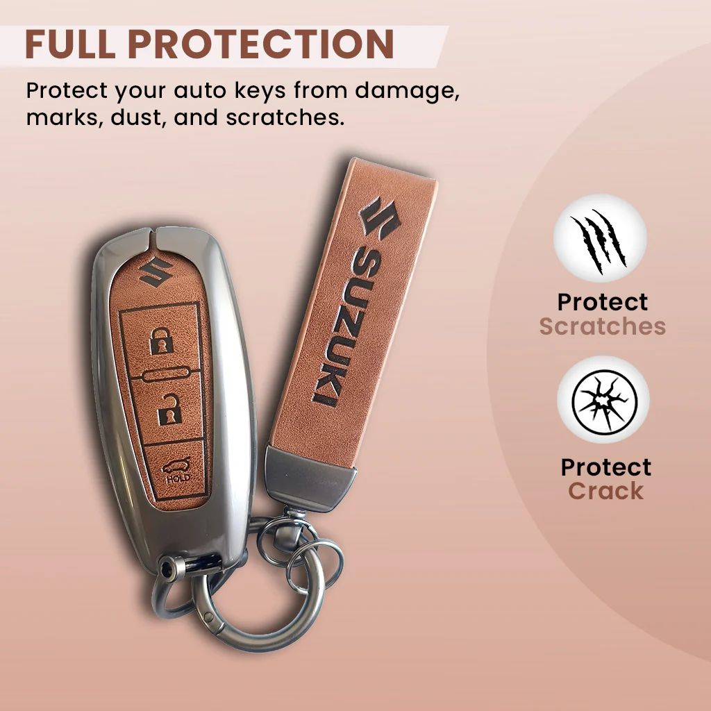 Metal Leather Key Cover for Suzuki Baleno, Ciaz, Vitara, Brezza, S Cross, Swift, Ignis, XL6, Fronx, Jimny, Grand Vitara | 3 Button Smart Key - Image 2