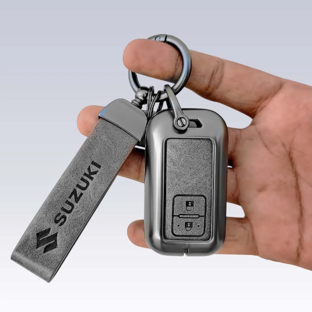 Metal Leather Key Cover for Suzuki Baleno, Swift, Ertiga, XL6, DZire, Fronx, Scross, Celerio, Ciaz, Brezza, Grand Vitara, Jimny, Ignis | 2 Button Smart Key
