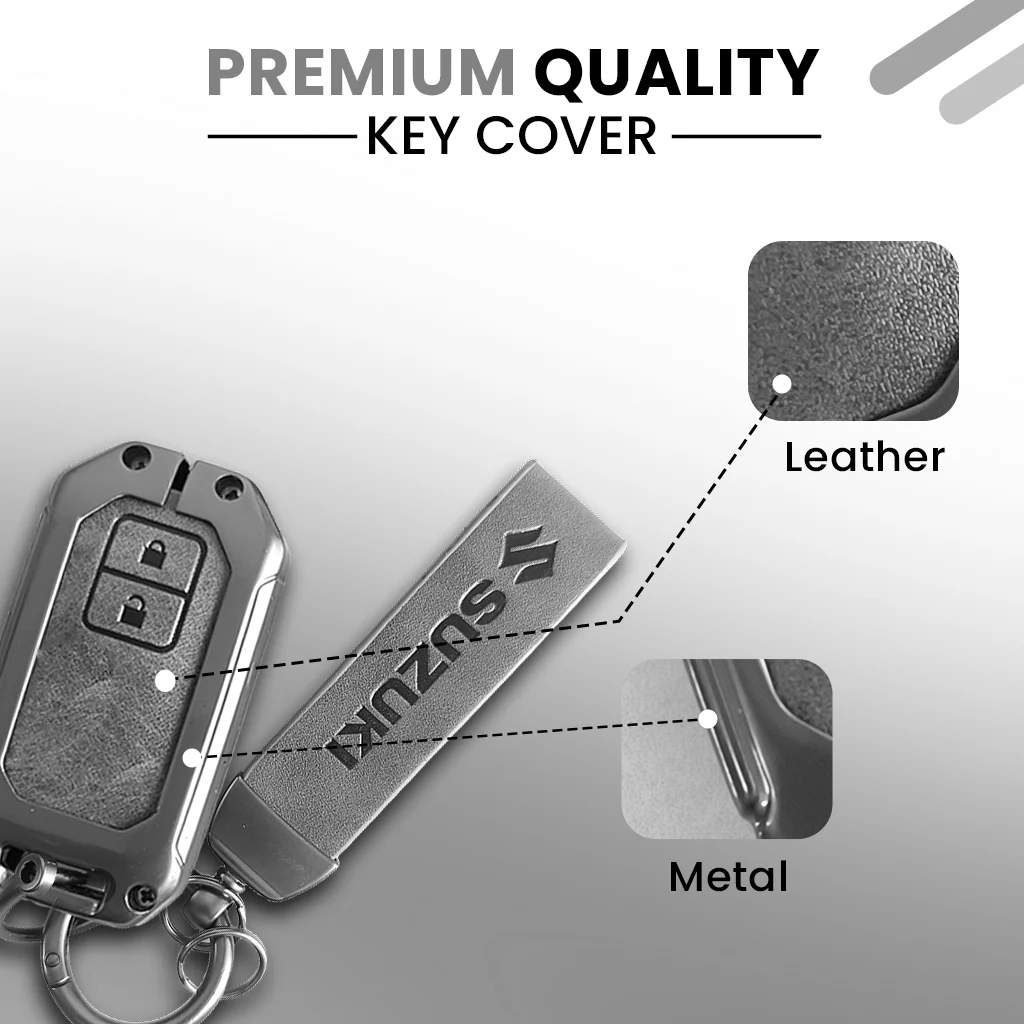 Metal Leather Key Cover for Suzuki Baleno, Swift, Ertiga, XL6, DZire, Fronx, Scross, Celerio, Ciaz, Brezza, Grand Vitara, Jimny, Ignis | 2 Button Smart Key - Image 4
