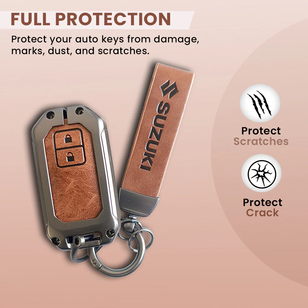 Metal Leather Key Cover for Suzuki Baleno, Swift, Ertiga, XL6, DZire, Fronx, Scross, Celerio, Ciaz, Brezza, Grand Vitara, Jimny, Ignis | 2 Button Smart Key - Image 3