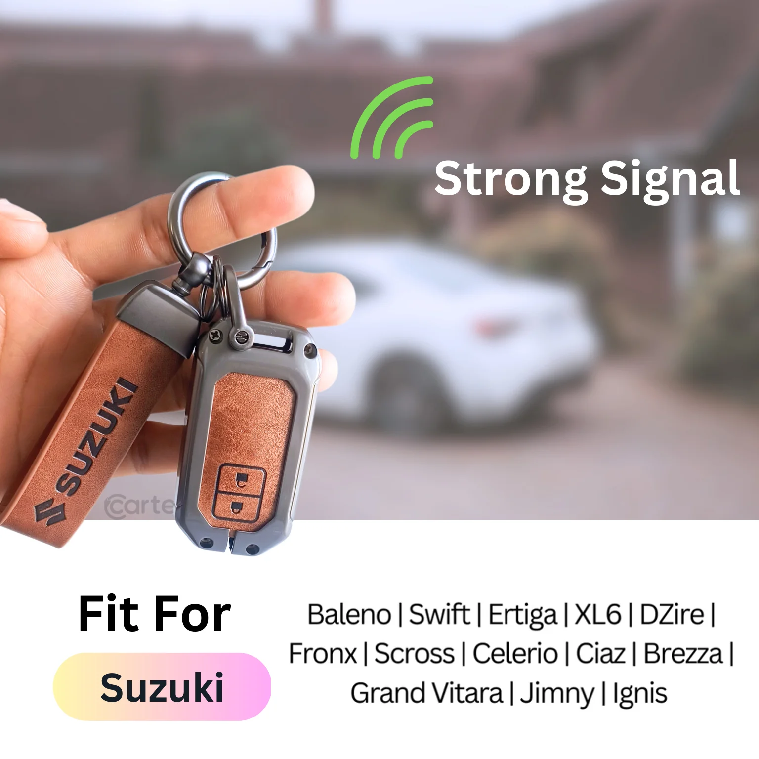 Metal Leather Key Cover for Suzuki Baleno, Swift, Ertiga, XL6, DZire, Fronx, Scross, Celerio, Ciaz, Brezza, Grand Vitara, Jimny, Ignis | 2 Button Smart Key - Image 5