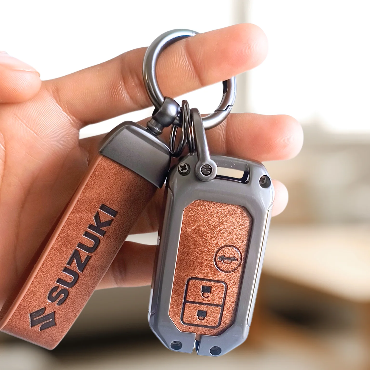 Metal Leather Key Cover for Suzuki Ertiga, Swift, Dzire, Baleno, Ignis, XL6, Franzo, Celerio, Ciaz, Brezza, Jimny | 3 Button Smart Key