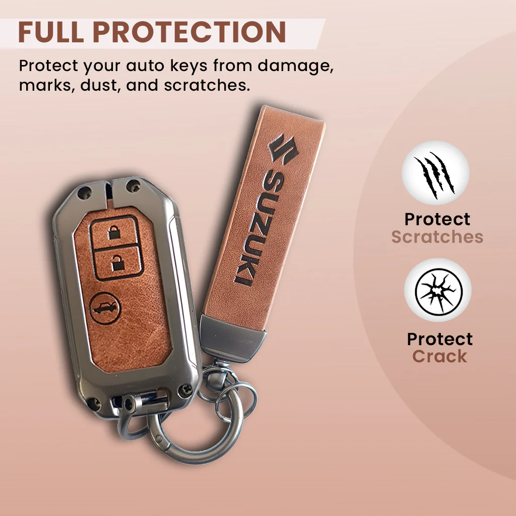 Metal Leather Key Cover for Suzuki Ertiga, Swift, Dzire, Baleno, Ignis, XL6, Franzo, Celerio, Ciaz, Brezza, Jimny | 3 Button Smart Key - Image 2
