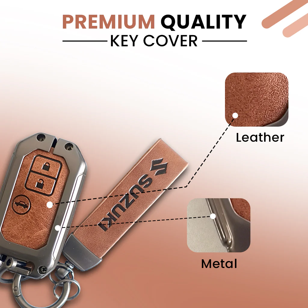 Metal Leather Key Cover for Suzuki Ertiga, Swift, Dzire, Baleno, Ignis, XL6, Franzo, Celerio, Ciaz, Brezza, Jimny | 3 Button Smart Key - Image 4