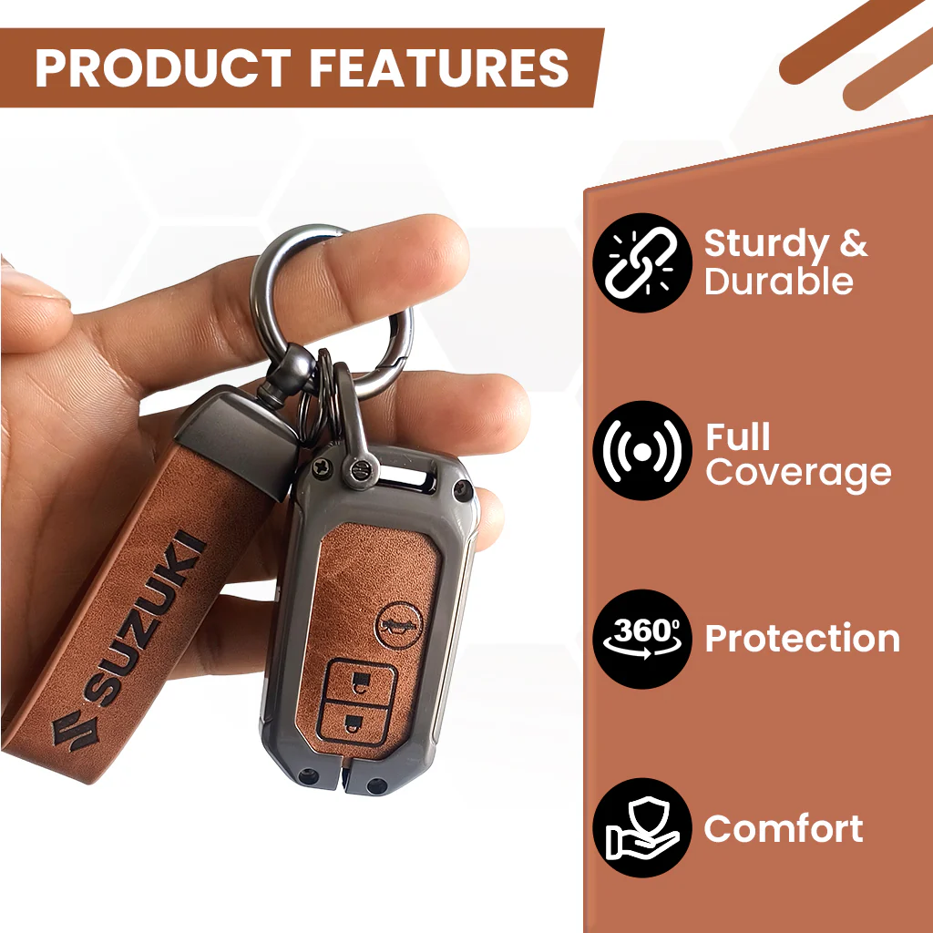 Metal Leather Key Cover for Suzuki Ertiga, Swift, Dzire, Baleno, Ignis, XL6, Franzo, Celerio, Ciaz, Brezza, Jimny | 3 Button Smart Key - Image 5