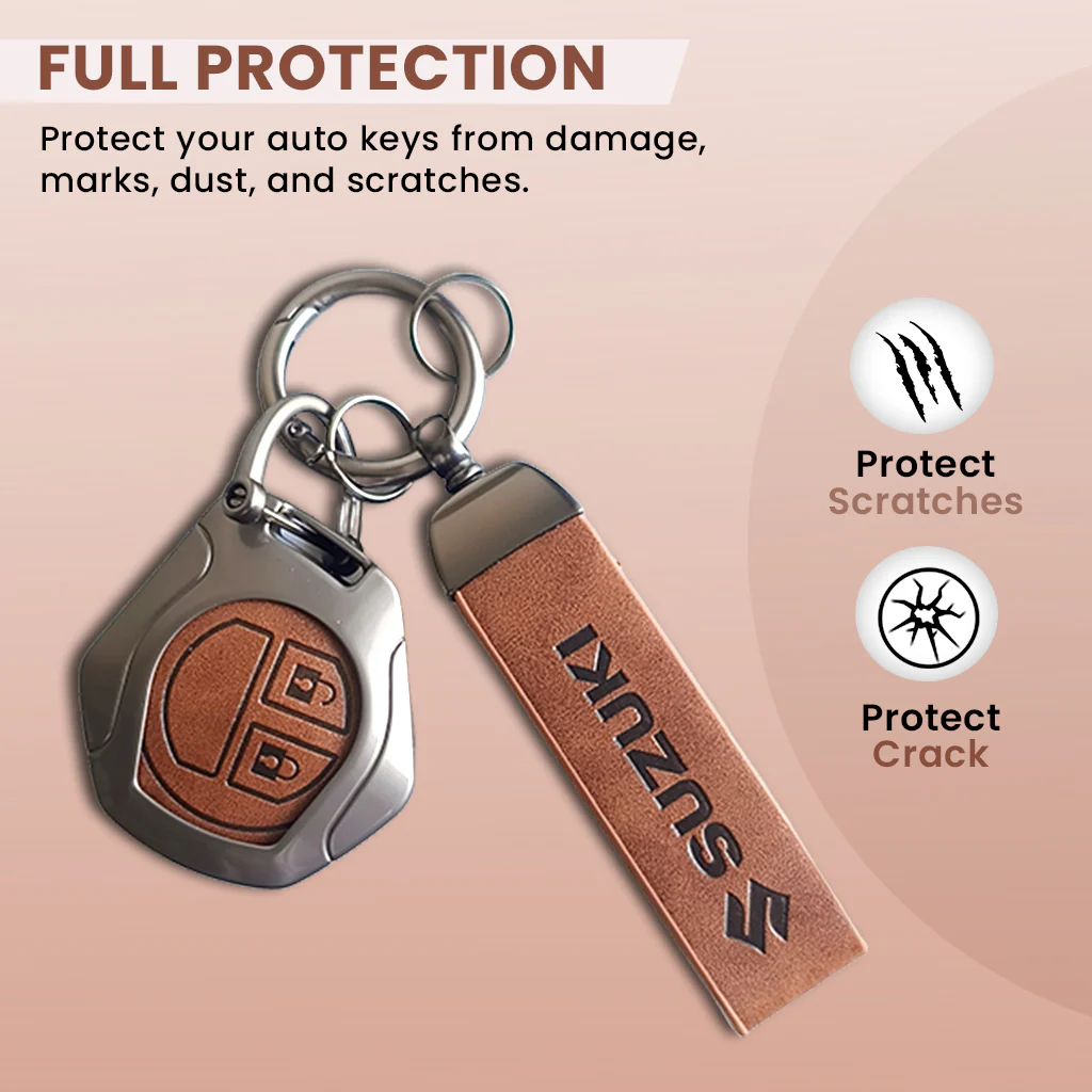 Metal Leather Key Cover for Suzuki Swift, Dzire, Ertiga, Baleno, Celerio, WagonR, Ritz, Brezza, Scross, Alto, Fronx, XL6, Ciaz, Grand Vitara, Jimny, Alto K10, S Presso, Ignis |for Toyoto Rumion, Hyryder, Urben Cruiser, Galanza | 2 Button Key - Image 2