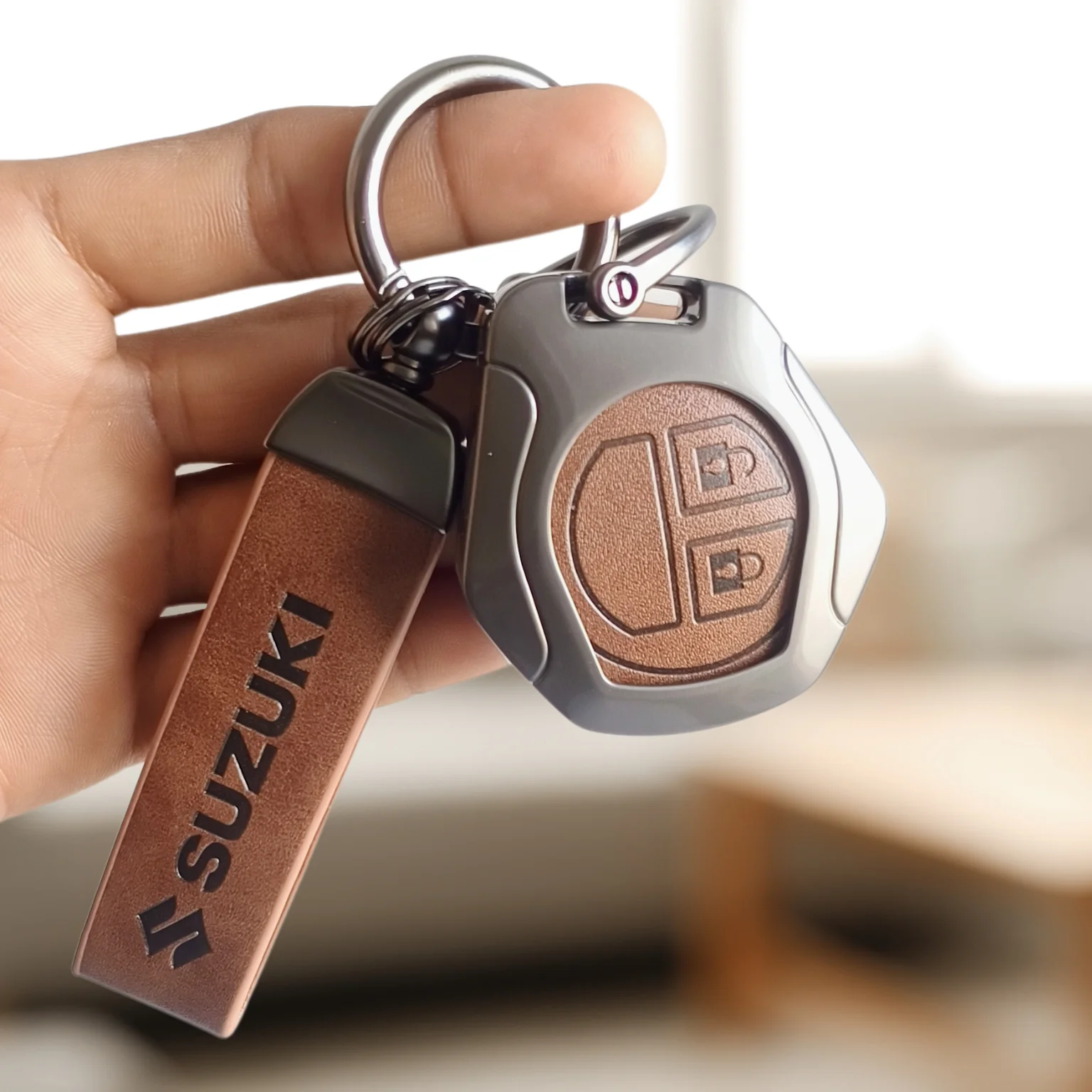 Metal Leather Key Cover for Suzuki Swift, Dzire, Ertiga, Baleno, Celerio, WagonR, Ritz, Brezza, Scross, Alto, Fronx, XL6, Ciaz, Grand Vitara, Jimny, Alto K10, S Presso, Ignis |for Toyoto Rumion, Hyryder, Urben Cruiser, Galanza | 2 Button Key - Image 6