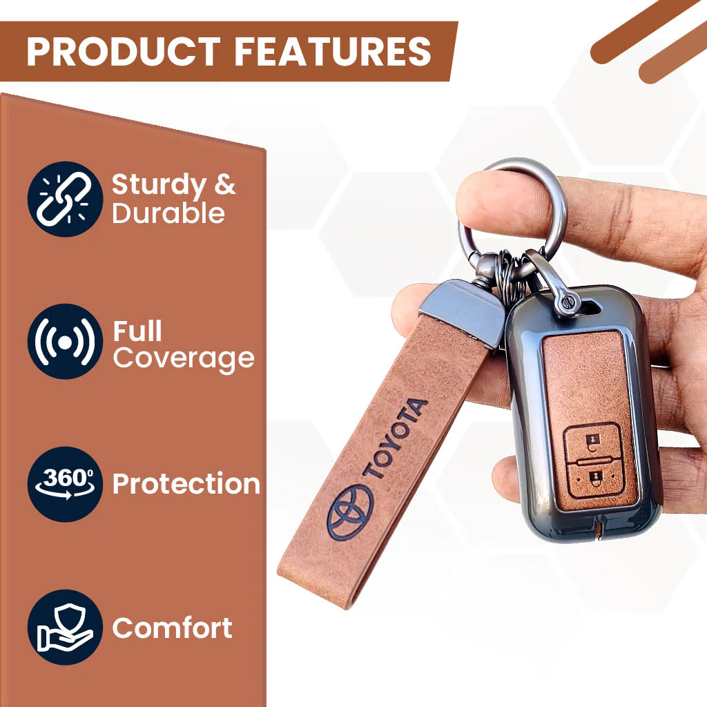Metal Leather Key Cover For Toyota Glanza, Urban Cruiser hyryder | 2 button Smart Key| - Image 4