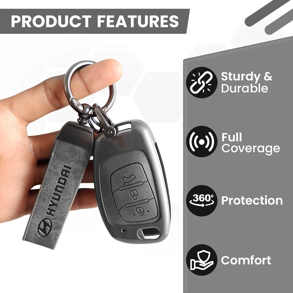 Metal Leather Car Key Cover Compatible With Creta, Venue, Aura, i20,Grand i10 Nios, Xcent | 3 Button Flip Key - Image 5