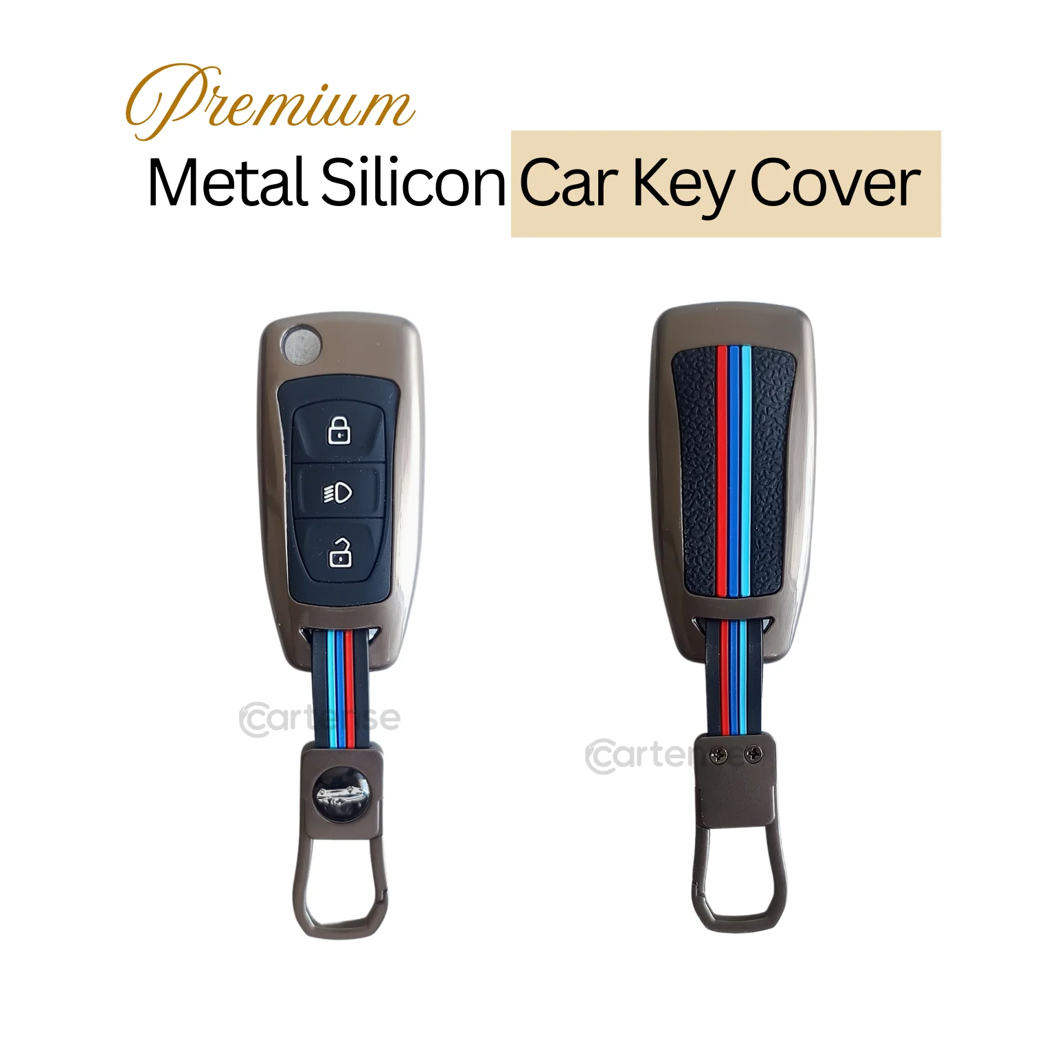 Metal Silicon Car Key Cover For TATA Arai, Safari, Tiago, Zest, Bolt, Tigor, Hexa, Nexon, Harrier, Altroz, Punch | 3 Button Flip Key - Image 3