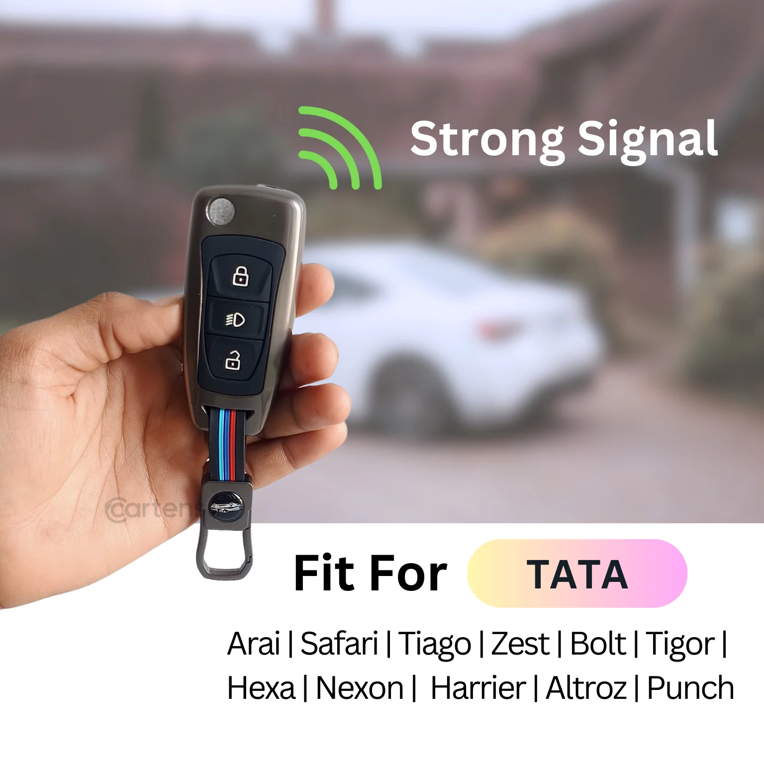 Metal Silicon Car Key Cover For TATA Arai, Safari, Tiago, Zest, Bolt, Tigor, Hexa, Nexon, Harrier, Altroz, Punch | 3 Button Flip Key - Image 4