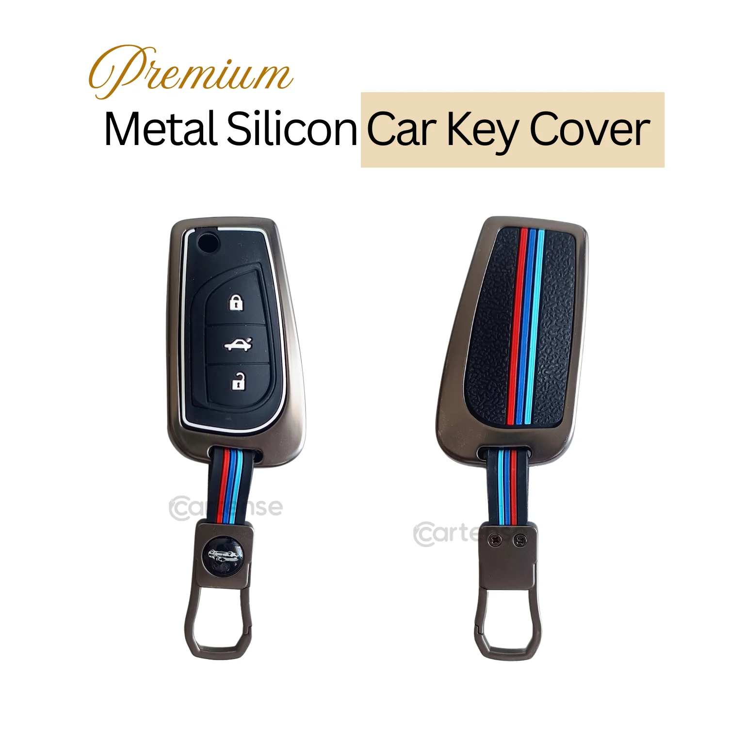 Metal Silicon Car Key Cover For Toyota Corolla Altis, Innova Crysta   | 3 Button Flip Key - Image 3