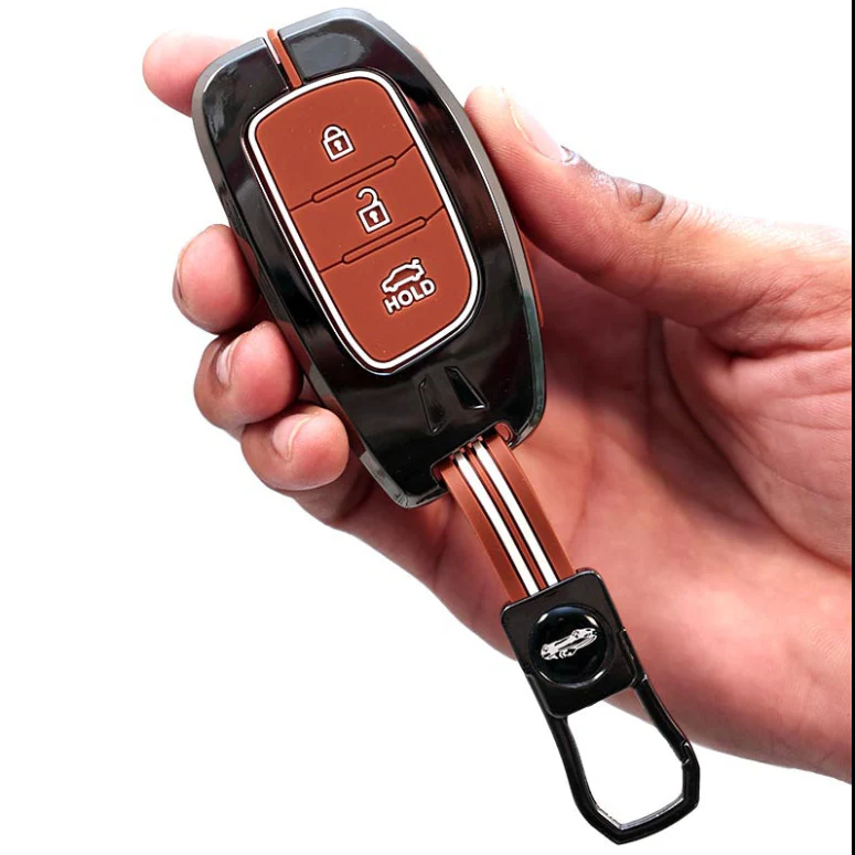 Metal Silicon Car Key Cover with Zinc Alloy For Grand i10 NIOS Asta, Venue, i20, Aura, Creta, Elantra - 3 Button Smart Key - 360° Shock-Proof Protection - (Biscuit Brown)