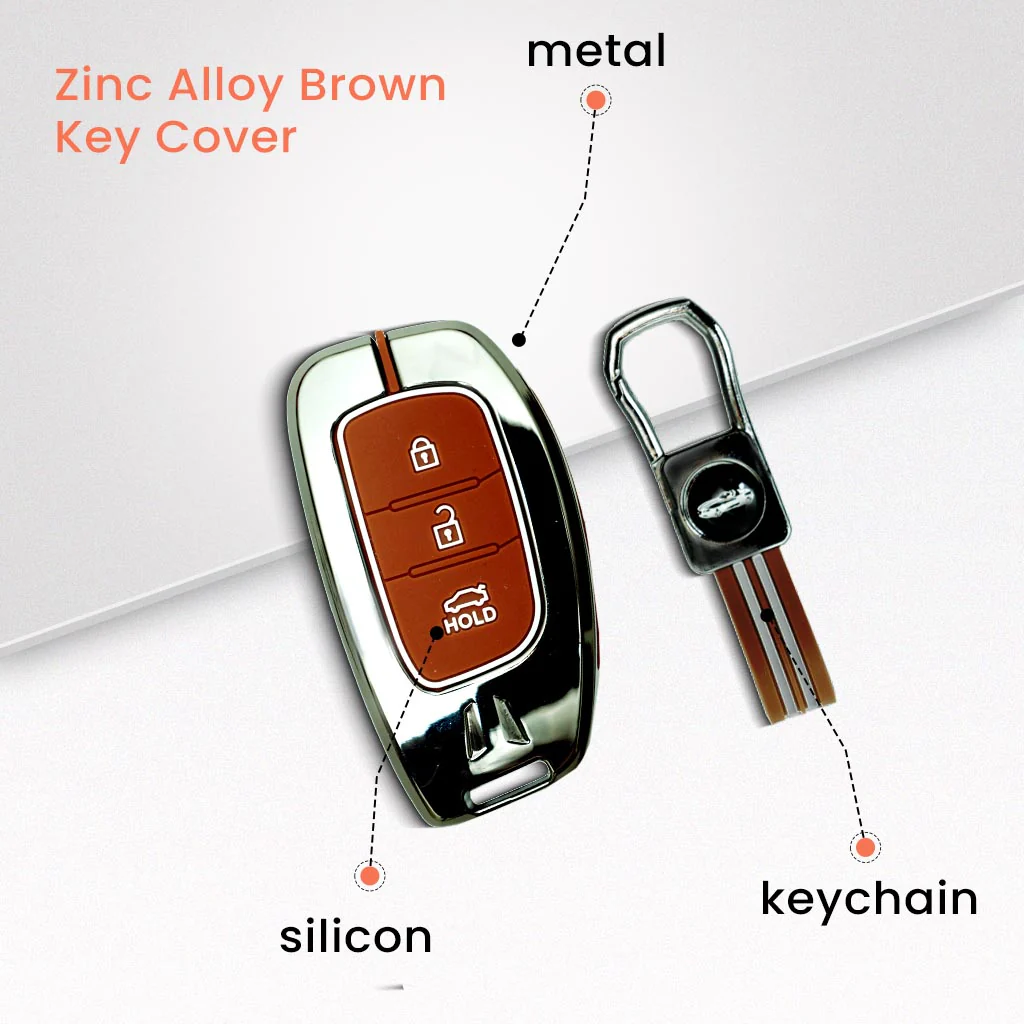 Metal Silicon Car Key Cover with Zinc Alloy For Grand i10 NIOS Asta, Venue, i20, Aura, Creta, Elantra - 3 Button Smart Key - 360° Shock-Proof Protection - (Biscuit Brown) - Image 2