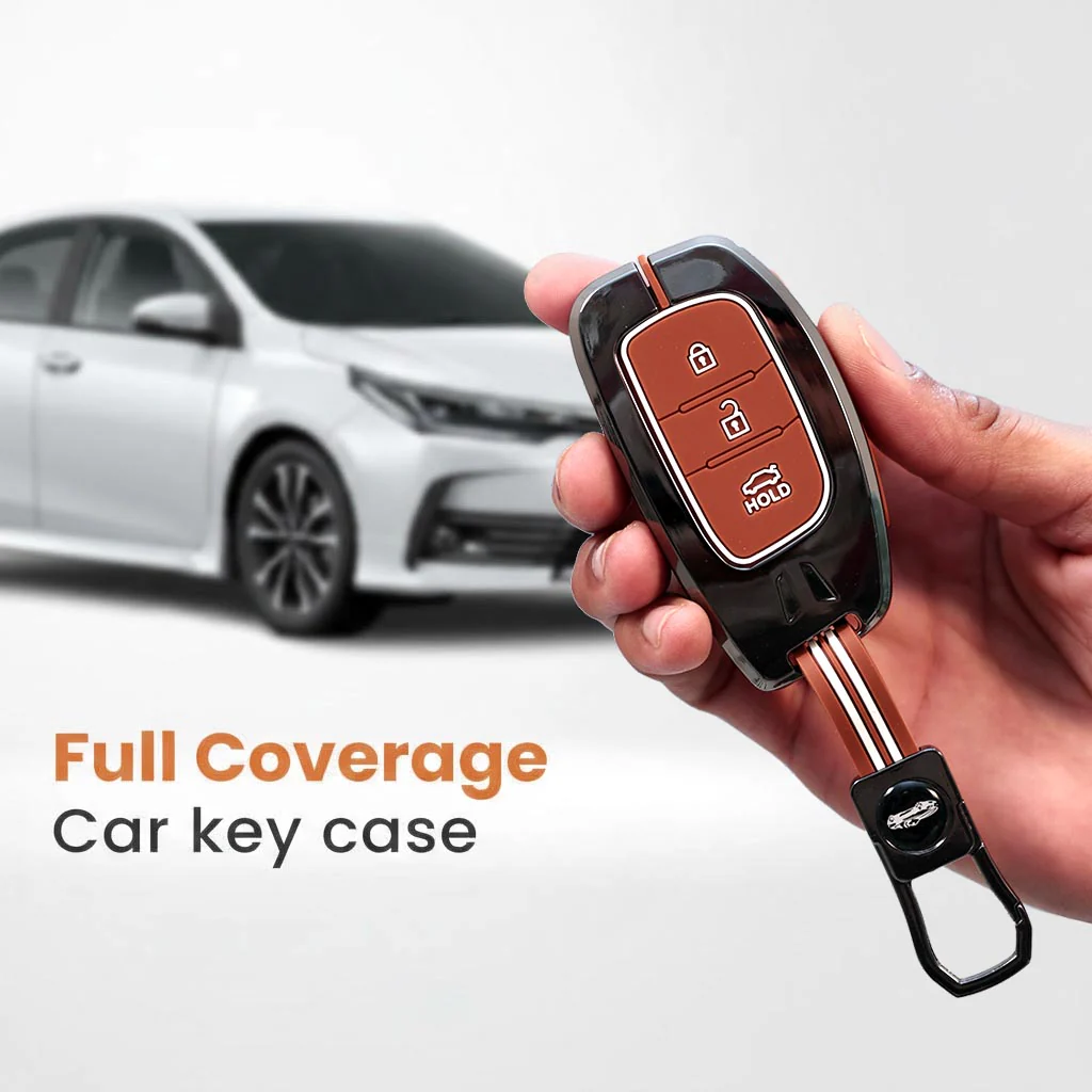 Metal Silicon Car Key Cover with Zinc Alloy For Grand i10 NIOS Asta, Venue, i20, Aura, Creta, Elantra - 3 Button Smart Key - 360° Shock-Proof Protection - (Biscuit Brown) - Image 3