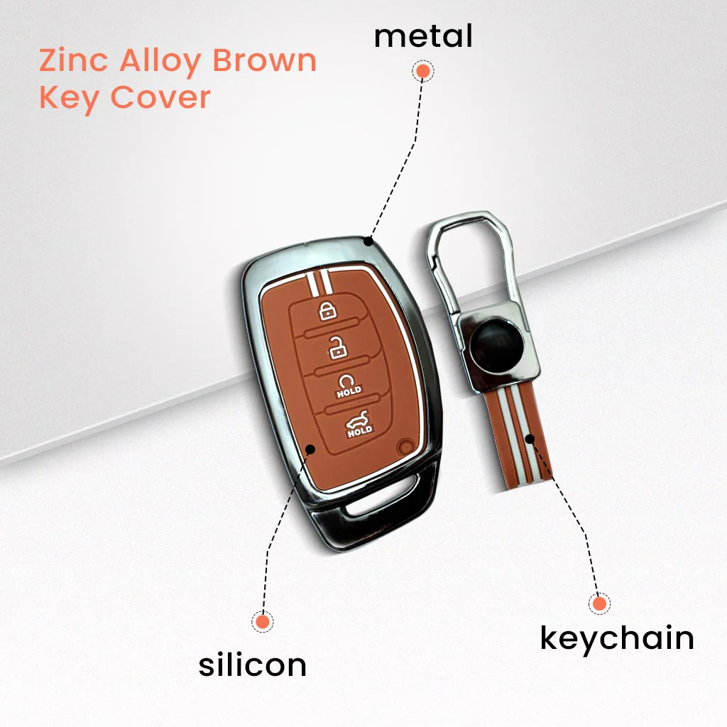 Metal Silicon Car Key Cover with Zinc Alloy For Hyundai Alcazar, Creta, Tucson - 4 Button Smart Key - 360° Shock-Proof Protection - (Biscuit Brown) - Image 2