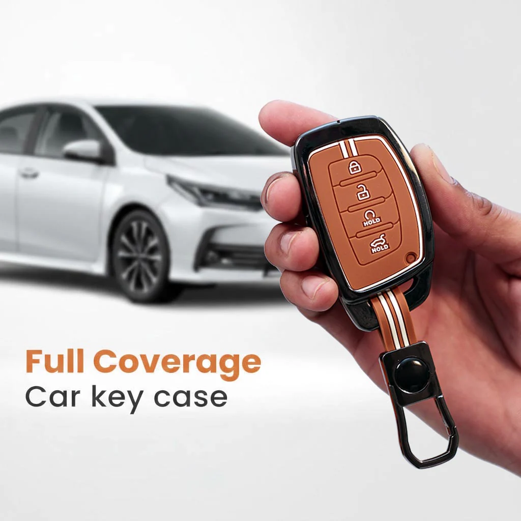 Metal Silicon Car Key Cover with Zinc Alloy For Hyundai Alcazar, Creta, Tucson - 4 Button Smart Key - 360° Shock-Proof Protection - (Biscuit Brown) - Image 3