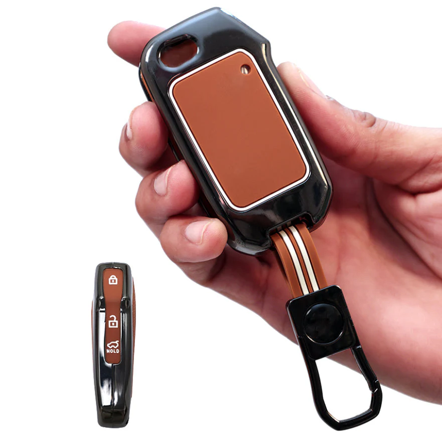 Metal Silicon Car Key Cover With Zinc Alloy Compatible With Kia, Kia Seltos HTE, Sonet HTE, Carens Premium, Prestige - 3 Button Flip Key - 360° Shock-Proof Protection For Kia - (Biscuit Brown)
