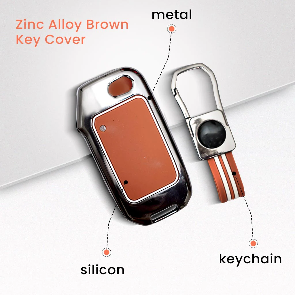 Metal Silicon Car Key Cover With Zinc Alloy Compatible With Kia, Kia Seltos HTE, Sonet HTE, Carens Premium, Prestige - 3 Button Flip Key - 360° Shock-Proof Protection For Kia - (Biscuit Brown) - Image 2