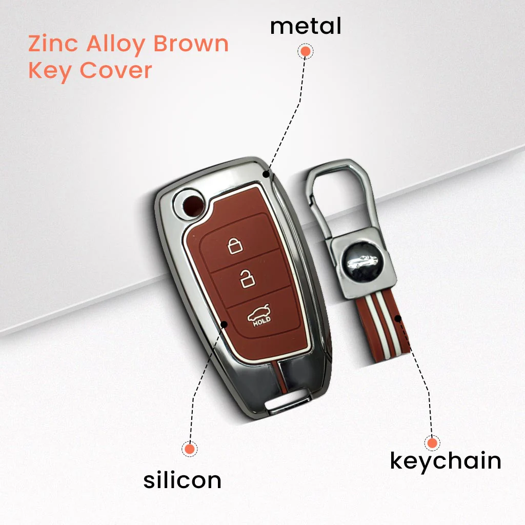 Metal Silicon Car Key Cover with Zinc Alloy For Kona, Verna, Tucson, Venue, Aura - 3 Button Smart Key - 360° Shock-Proof Protection - (Biscuit Brown) - Image 2