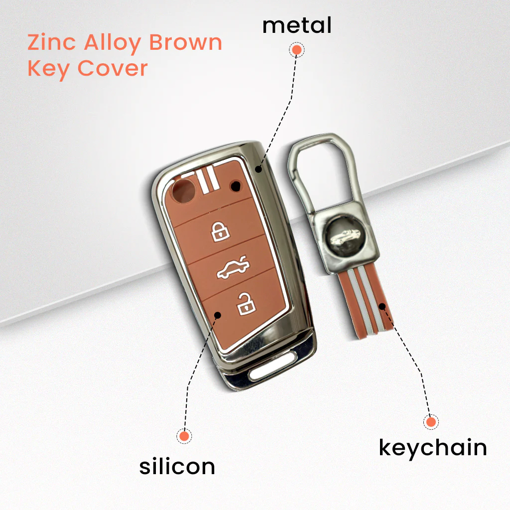 Metal Silicon Car Key Cover with Zinc Alloy For Skoda/Volkswagen Kushaq, Kylaq, Octavia, Kodiaq, Superb, Slavia, Passat, Virtus, T Roc - 3 Button Flip Key - 360° Shock-Proof Protection for Skoda & Volkswagen - (Biscuit Brown) - Image 2