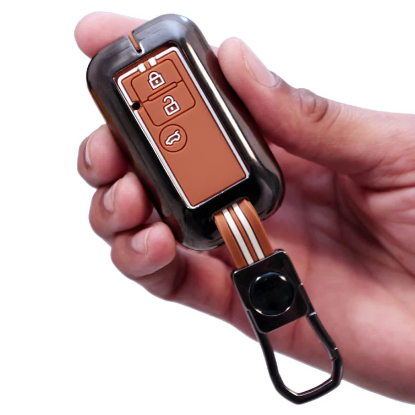 Metal Silicon Car Key Cover with Zinc Alloy For Suzuki Ertiga, Swift, Dzire, Baleno, Ignis, XL6, Franzo, Celerio, Ciaz, Brezza, Jimny - 3 Button Smart Key - 360° Shock-Proof Protection - (Biscuit Brown)