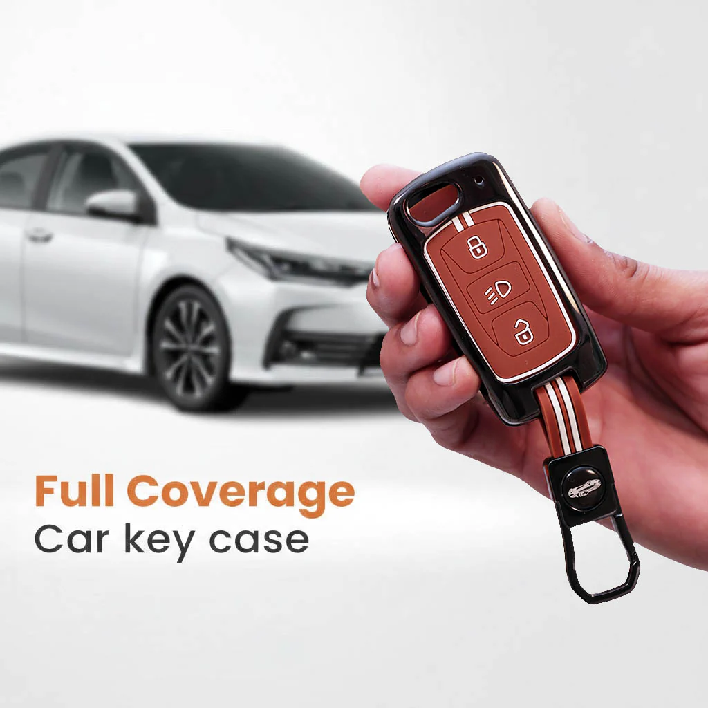 Metal Silicon Car Key Cover with Zinc Alloy For TATA Arai, Safari, Tiago, Zest, Bolt, Tigor, Hexa, Nexon, Harrier, Altroz, Punch - 3 Button Smart Key - 360° Shock-Proof Protection - (Biscuit Brown) - Image 3