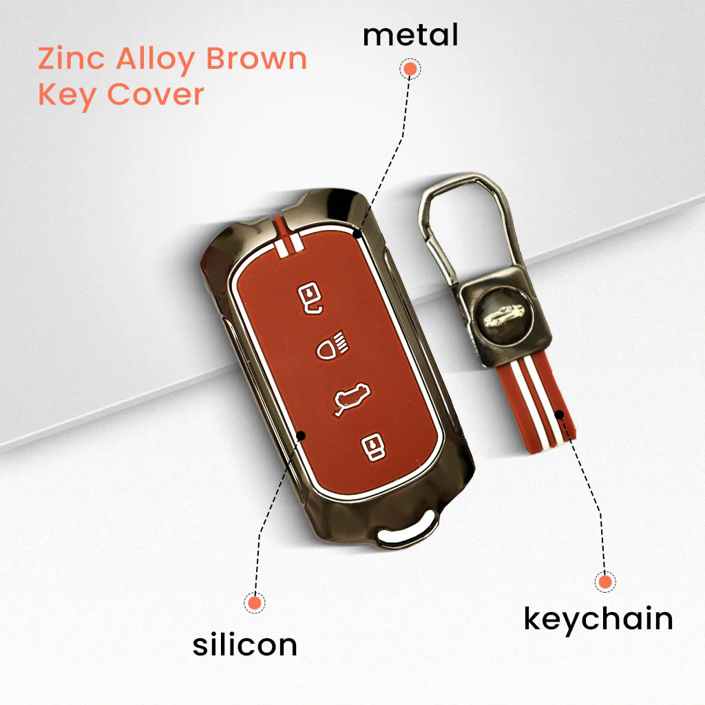 Metal Silicon Car Key Cover with Zinc Alloy For TATA Curvv - 4 Button smart key - 360° Shock-Proof Protection (Biscuit Brown) - Image 2