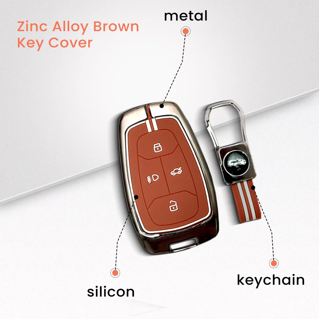 Metal Silicon Car Key Cover with Zinc Alloy For TATA Punch, Tiago, Altroz, Nexon, Harrier, Safari, EV, Sierra - 4 Button Smart Key Prestige - 360° Shock-Proof Protection For Tata - (Biscuit Brown) - Image 2