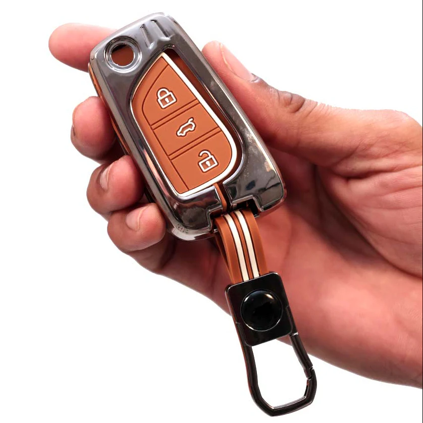 Metal Silicon Car Key Cover with Zinc Alloy For Toyota Corolla Altis, Innova Crysta - 3 Button Flip Key - 360° Shock-Proof Protection for Toyota - (Biscuit Brown)