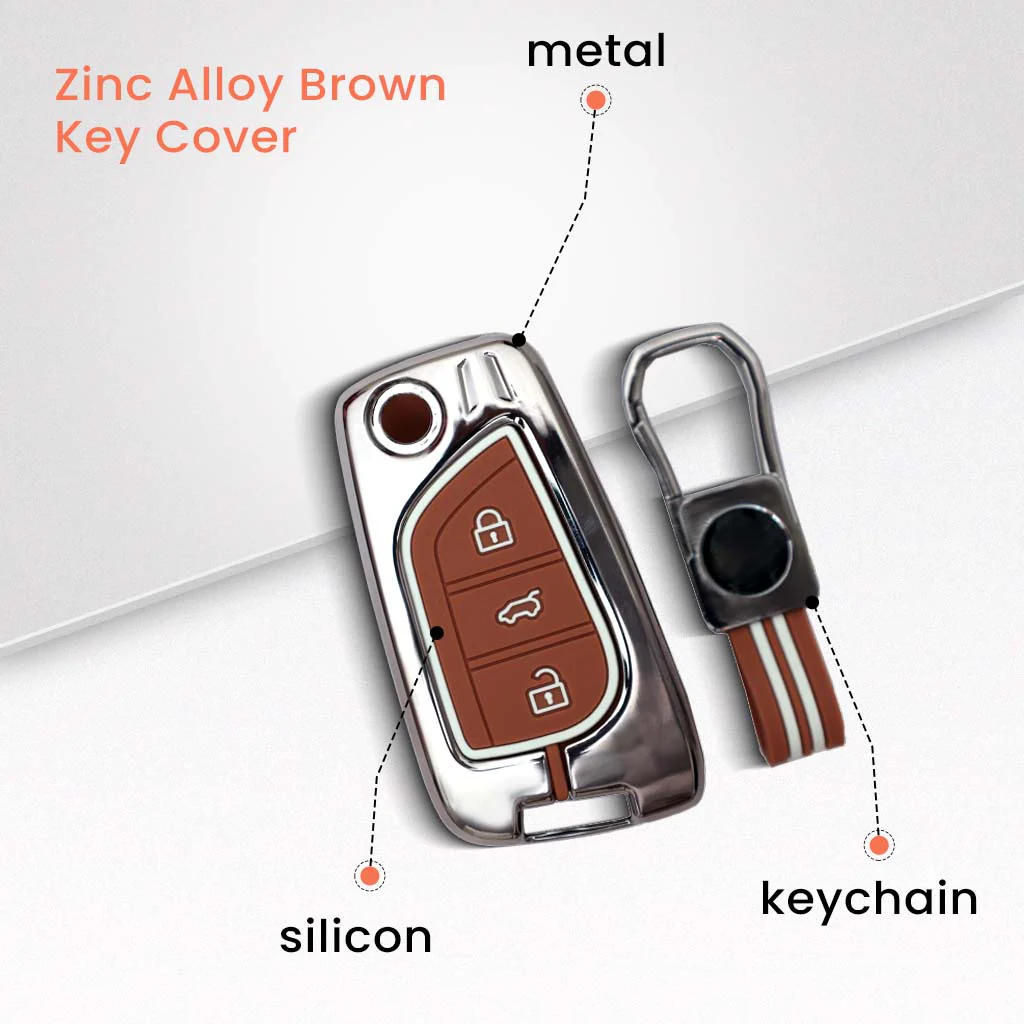 Metal Silicon Car Key Cover with Zinc Alloy For Toyota Corolla Altis, Innova Crysta - 3 Button Flip Key - 360° Shock-Proof Protection for Toyota - (Biscuit Brown) - Image 3