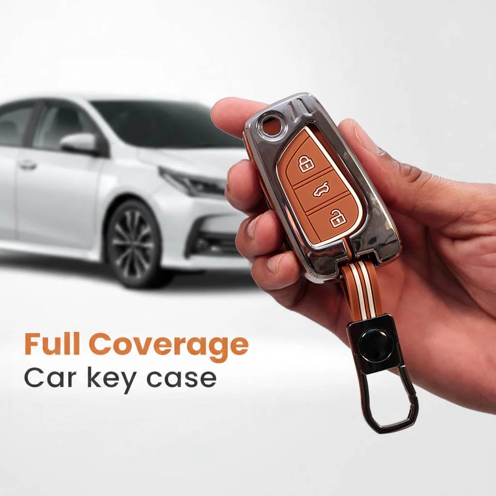 Metal Silicon Car Key Cover with Zinc Alloy For Toyota Corolla Altis, Innova Crysta - 3 Button Flip Key - 360° Shock-Proof Protection for Toyota - (Biscuit Brown) - Image 4