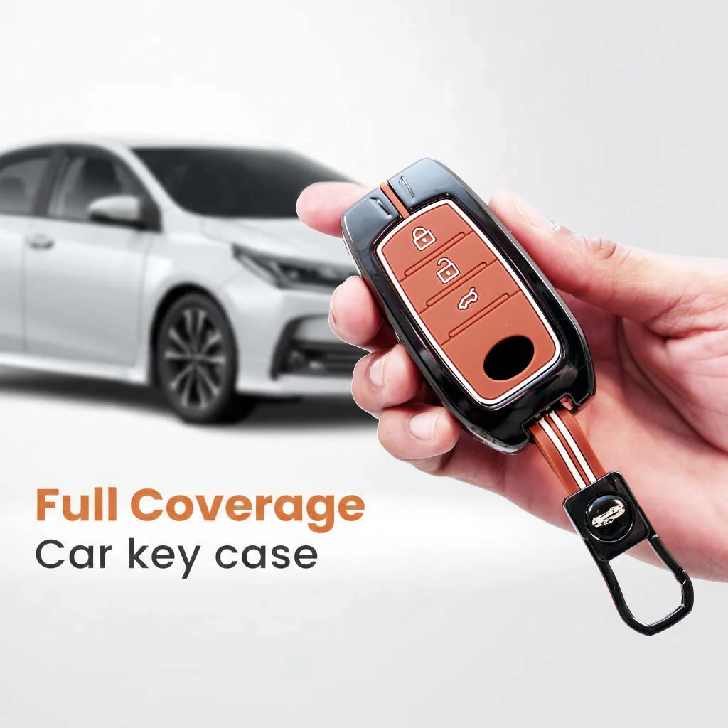 Metal Silicon Car Key Cover with Zinc Alloy For Toyota Fortuner, Hilux, Innova Crysta, Legender, Innova HyCross, Land Cruiser - 3 Button Smart Key - 360° Shock-Proof Protection for Fortuner & Innova - (Biscuit Brown) - Image 3