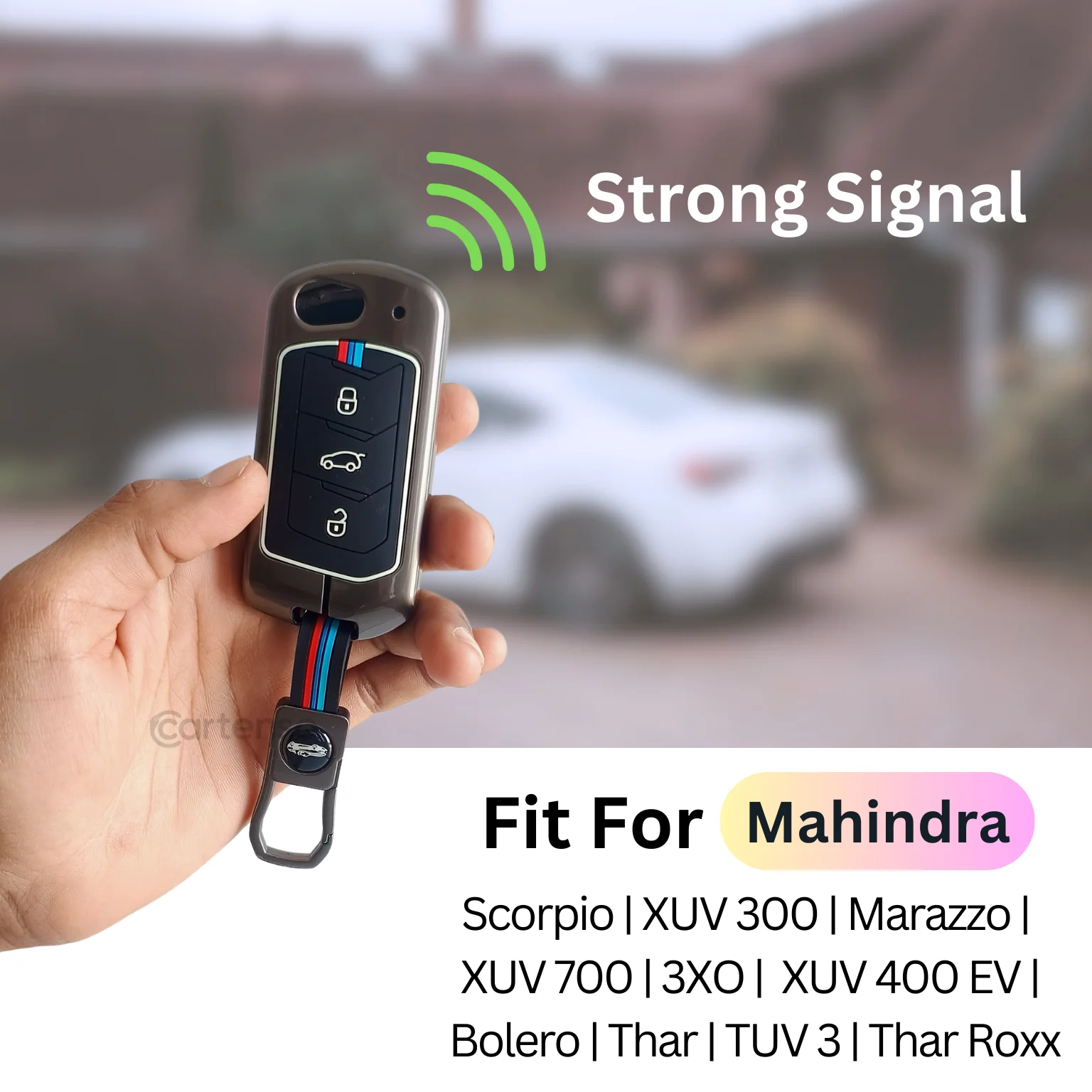 Metal Silicon Key Cover For Mahindra Scorpio, XUV 300,  Marazzo, XUV 700,  3XO, XUV 400 EV,  Bolero, Thar, TUV 3  & Thar Roxx | 3 Button Flip Key - Image 2