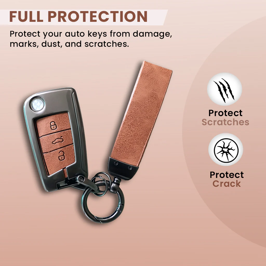 Metal Leather Key Cover for Skoda/Volkswagen Kushaq, kylaq, Octavia, Kodiaq, Superb, Slavia, Passat, Virtus, T Roc | 3 Button Flip Key - Image 2