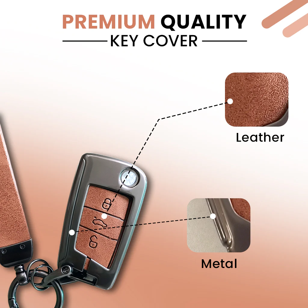 Metal Leather Key Cover for Skoda/Volkswagen Kushaq, kylaq, Octavia, Kodiaq, Superb, Slavia, Passat, Virtus, T Roc | 3 Button Flip Key - Image 4