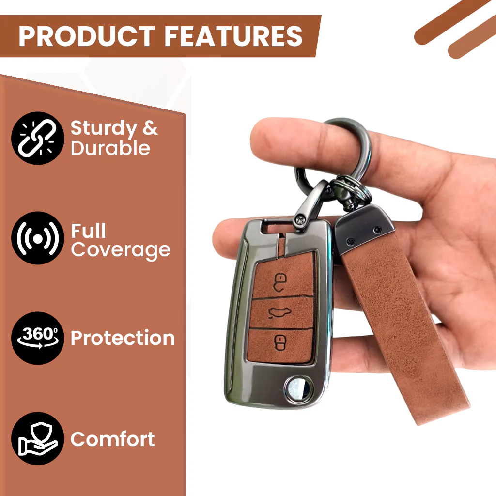 Metal Leather Key Cover for Skoda/Volkswagen Kushaq, kylaq, Octavia, Kodiaq, Superb, Slavia, Passat, Virtus, T Roc | 3 Button Flip Key - Image 5