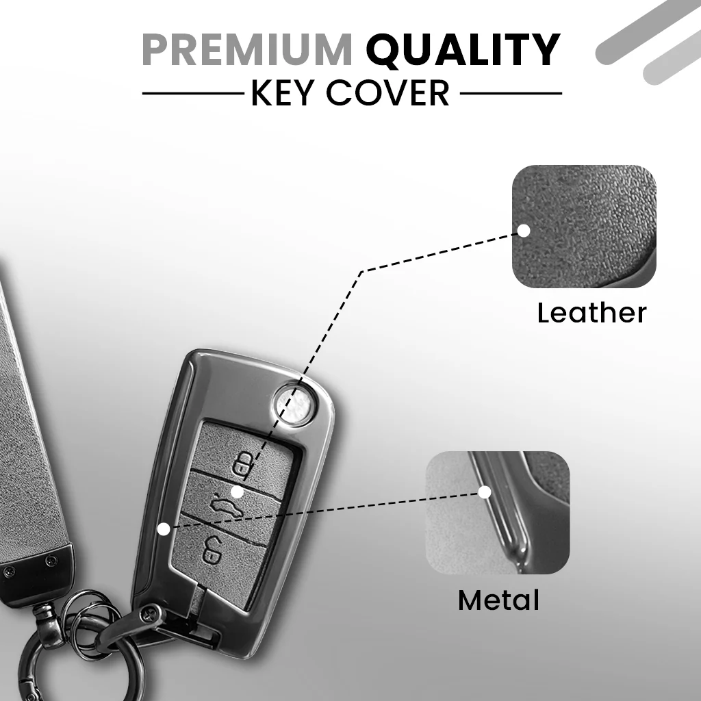 Metal Leather Key Cover for Skoda/Volkswagen Kushaq, kylaq, Octavia, Kodiaq, Superb, Slavia, Passat, Virtus, T Roc | 3 Button Flip Key - Image 4