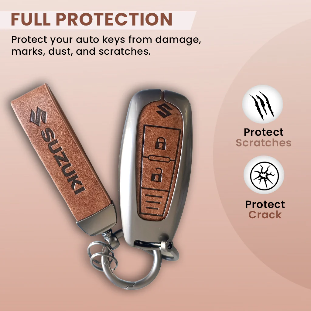 Metal Leather Key Cover for Suzuki Baleno, Ciaz, Grand Vitara, Brezza, S Cross, Swift, Ignis, XL6, Fronx | 2 Button Smart Key - Image 2
