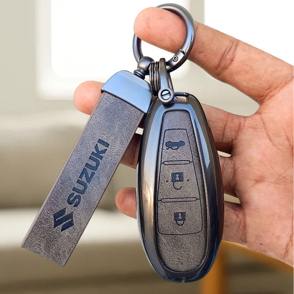Metal Leather Key Cover for Suzuki Baleno, Ciaz, Vitara, Brezza, S Cross, Swift, Ignis, XL6, Fronx, Jimny,  Grand Vitara  | 3 Button Smart Key