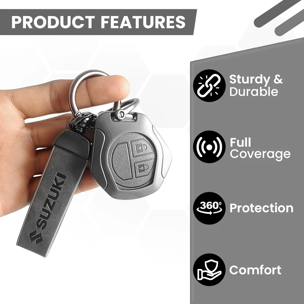 Metal Leather Key Cover for Suzuki Swift, Dzire, Ertiga, Baleno, Celerio, WagonR, Ritz, Brezza, Scross, Alto, Fronx, XL6, Ciaz, Grand Vitara, Jimny, Alto K10, S Presso, Ignis |for Toyoto Rumion, Hyryder, Urben Cruiser, Galanza | 2 Button Key - Image 5