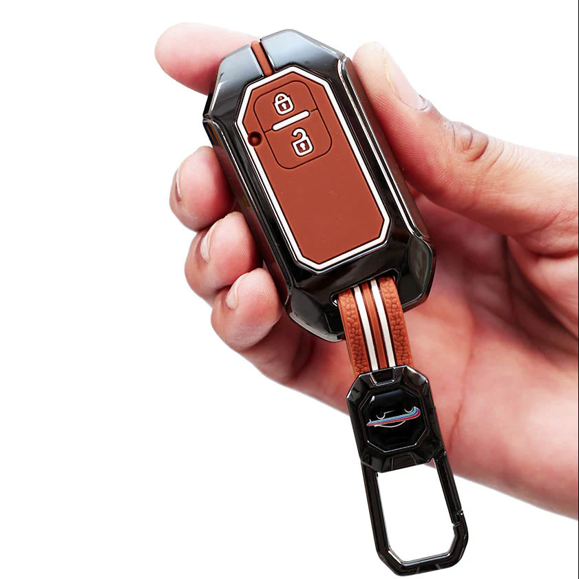 Metal Silicon Key Cover With Zinc Alloy For Suzuki Baleno, Swift, Ertiga, XL6, DZire, Fronx, Scross, Celerio, Ciaz, Brezza, Grand Vitara, Jimny, Ignis - 2 Button Smart Key - 360° Shock-Proof Protection For Suzuki - (Biscuit Brown)